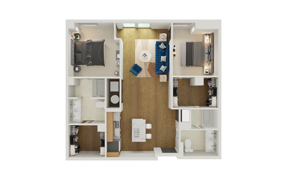 Type 3A - 2 bedroom floorplan layout with 2 bathrooms and 1221 square feet